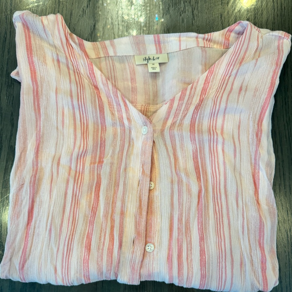 Style and Co Button Up Blouse in Pink and White Size 1X